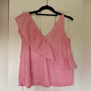 VINEYARD VINES Pink and White Seersucker Striped Ruffle Top